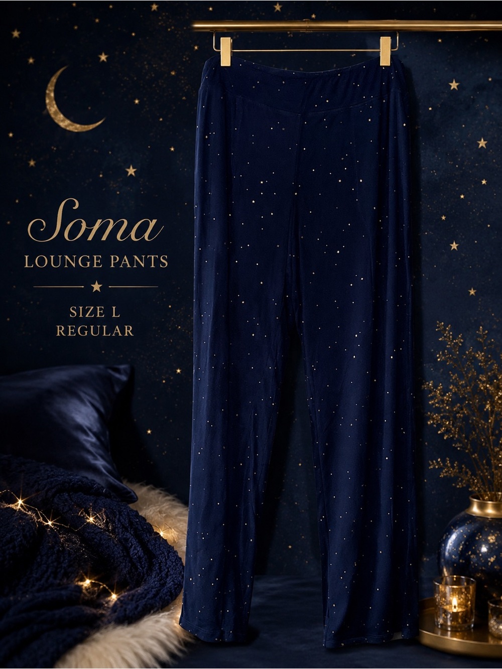 Soma Cool Nights Star Print Lounge Pants Pajama Sleepwear Navy Blue Large